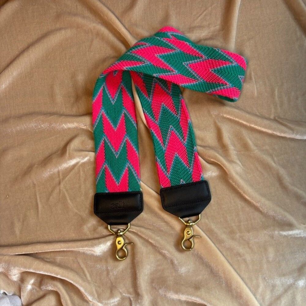 Shoppe Salt Handwoven Bag Strap Hot Pink Green Chevron Brass Hardware NWOT